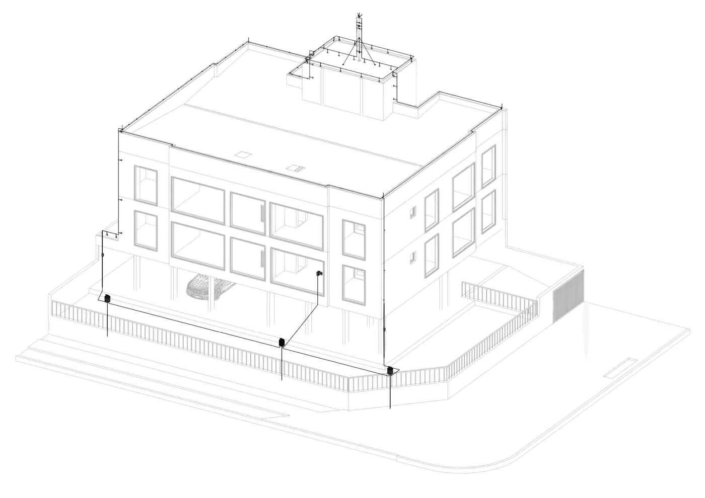 Vista 3D isométrica de projeto SPDA modelado no Revit