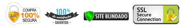Selos de compra segura: SSL, Site Blindado, 100% satisfação garantida